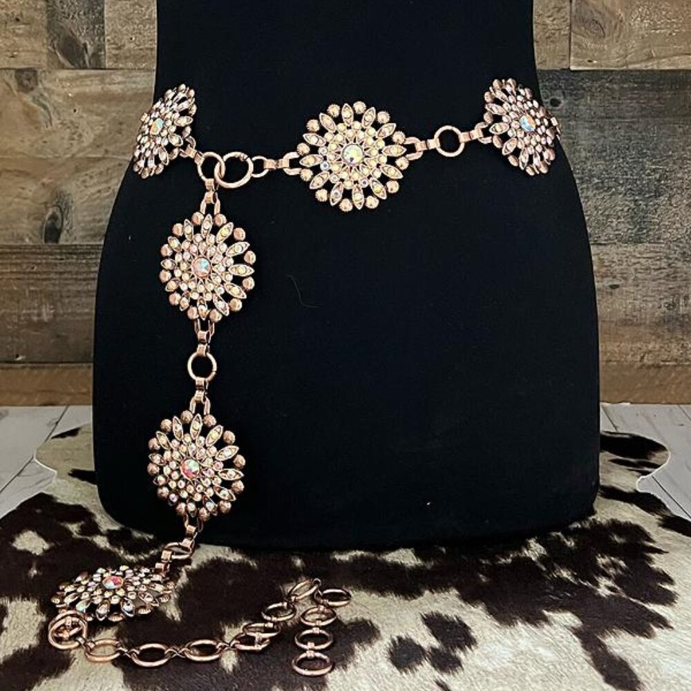 Rhinestone Concho Floral Flower Metal Link Belt Aurora Borealis AB Accents